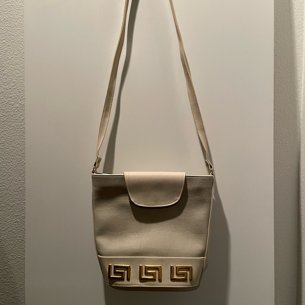 Avignon France Greek Key Ivory Textured Leather Crossbody Bag Vintage